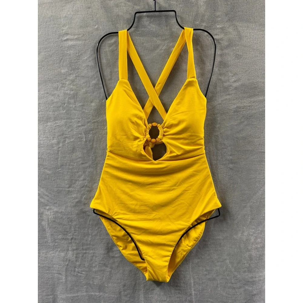 Becca Yellow Beaded Ring One Piece Swimsuit Plunge V-Neck Cross Back Cutout  L